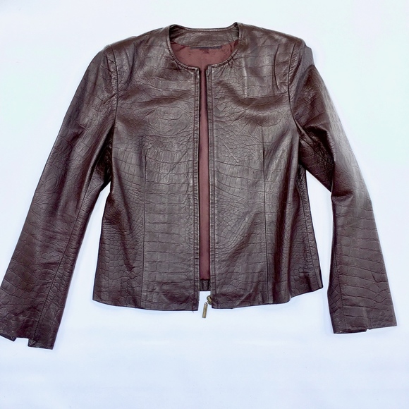 Cynthia Steffe New York Brown Leather Mock Croc Zip Front Crop Jacket Vintage - Picture 7 of 8